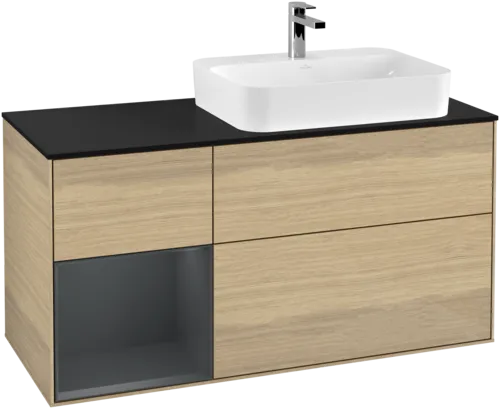Bild von VILLEROY BOCH Finion Waschbeckenunterschrank, mit Beleuchtung, 3 Auszüge, 1200 x 603 x 501 mm, Oak Veneer / Midnight Blue Matt Lacquer / Glass Black Matt #F392HGPC