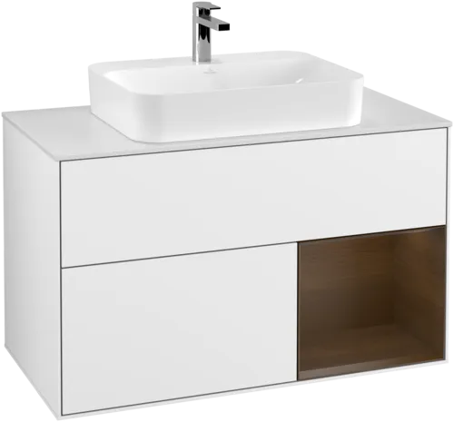 Bild von VILLEROY BOCH Finion Waschbeckenunterschrank, mit Beleuchtung, 2 Auszüge, 1000 x 603 x 501 mm, Glossy White Lacquer / Walnut Veneer / Glass White Matt #F371GNGF