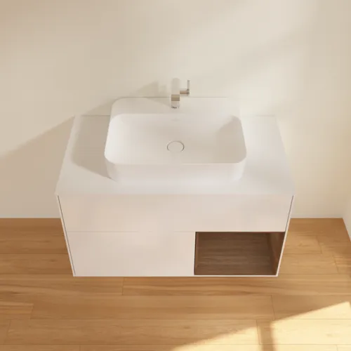 Bild von VILLEROY BOCH Finion Waschbeckenunterschrank, mit Beleuchtung, 2 Auszüge, 1000 x 603 x 501 mm, Glossy White Lacquer / Walnut Veneer / Glass White Matt #F371GNGF