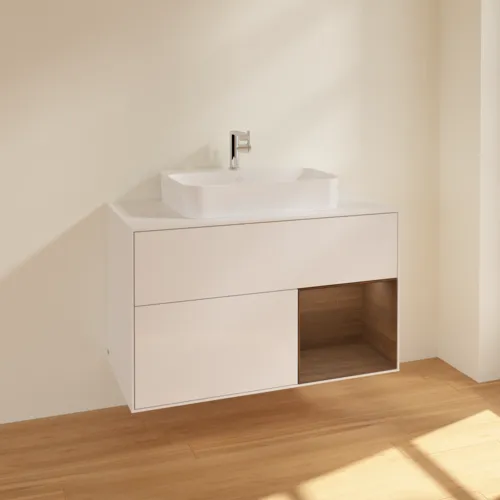 Bild von VILLEROY BOCH Finion Waschbeckenunterschrank, mit Beleuchtung, 2 Auszüge, 1000 x 603 x 501 mm, Glossy White Lacquer / Walnut Veneer / Glass White Matt #F371GNGF