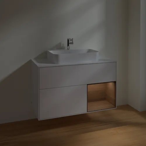 Bild von VILLEROY BOCH Finion Waschbeckenunterschrank, mit Beleuchtung, 2 Auszüge, 1000 x 603 x 501 mm, Glossy White Lacquer / Walnut Veneer / Glass White Matt #F371GNGF