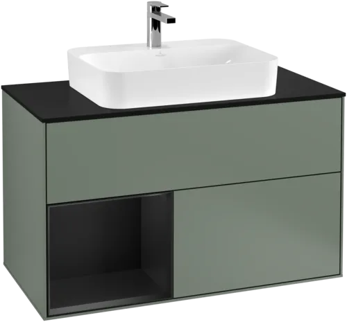 Bild von VILLEROY BOCH Finion Waschbeckenunterschrank, mit Beleuchtung, 2 Auszüge, 1000 x 603 x 501 mm, Olive Matt Lacquer / Black Matt Lacquer / Glass Black Matt #F362PDGM