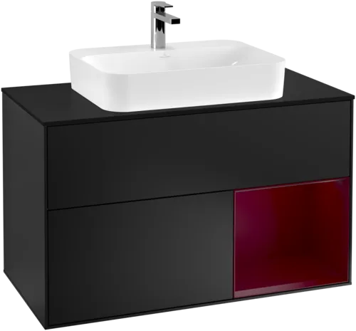 Bild von VILLEROY BOCH Finion Waschbeckenunterschrank, mit Beleuchtung, 2 Auszüge, 1000 x 603 x 501 mm, Black Matt Lacquer / Peony Matt Lacquer / Glass Black Matt #F372HBPD