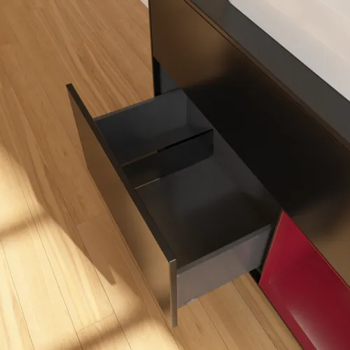 Obrázek VILLEROY BOCH Toaletní skříňka Finion, s osvětlením, 2 výsuvy, 1000 x 603 x 501 mm, černý matný lak / pivoňkový matný lak / černé matné sklo #F372HBPD