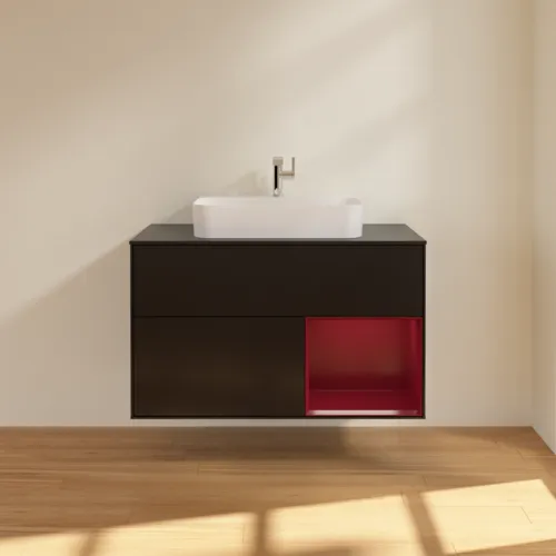 Obrázek VILLEROY BOCH Toaletní skříňka Finion, s osvětlením, 2 výsuvy, 1000 x 603 x 501 mm, černý matný lak / pivoňkový matný lak / černé matné sklo #F372HBPD