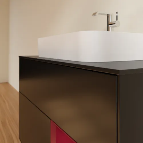 Obrázek VILLEROY BOCH Toaletní skříňka Finion, s osvětlením, 2 výsuvy, 1000 x 603 x 501 mm, černý matný lak / pivoňkový matný lak / černé matné sklo #F372HBPD
