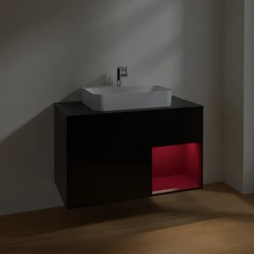 Obrázek VILLEROY BOCH Toaletní skříňka Finion, s osvětlením, 2 výsuvy, 1000 x 603 x 501 mm, černý matný lak / pivoňkový matný lak / černé matné sklo #F372HBPD