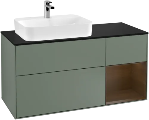 Bild von VILLEROY BOCH Finion Waschbeckenunterschrank, mit Beleuchtung, 3 Auszüge, 1200 x 603 x 501 mm, Olive Matt Lacquer / Walnut Veneer / Glass Black Matt #F402GNGM