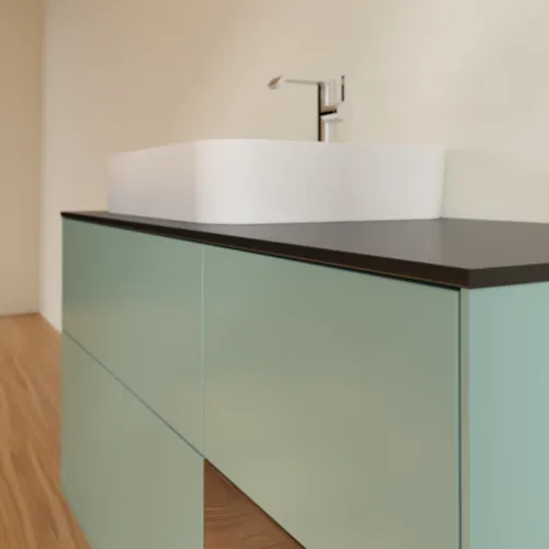 Bild von VILLEROY BOCH Finion Waschbeckenunterschrank, mit Beleuchtung, 3 Auszüge, 1200 x 603 x 501 mm, Olive Matt Lacquer / Walnut Veneer / Glass Black Matt #F402GNGM