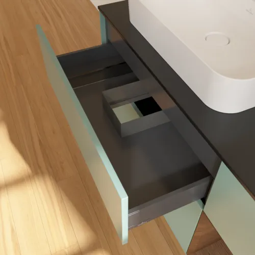 Bild von VILLEROY BOCH Finion Waschbeckenunterschrank, mit Beleuchtung, 3 Auszüge, 1200 x 603 x 501 mm, Olive Matt Lacquer / Walnut Veneer / Glass Black Matt #F402GNGM