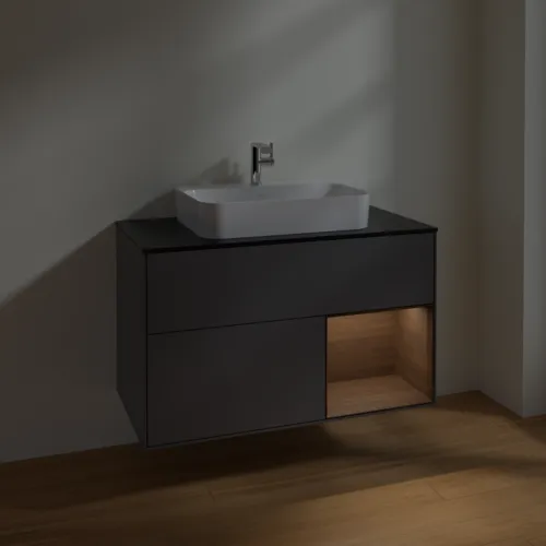 Picture of VILLEROY BOCH Finion Vanity unit, with lighting, 2 pull-out compartments, 1000 x 603 x 501 mm, Anthracite Matt Lacquer / Walnut Veneer / Glass Black Matt #F372GNGK
