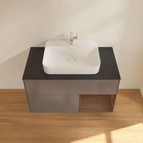 Picture of VILLEROY BOCH Finion Vanity unit, with lighting, 2 pull-out compartments, 1000 x 603 x 501 mm, Anthracite Matt Lacquer / Walnut Veneer / Glass Black Matt #F372GNGK