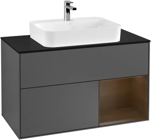 Bild von VILLEROY BOCH Finion Waschbeckenunterschrank, mit Beleuchtung, 2 Auszüge, 1000 x 603 x 501 mm, Anthracite Matt Lacquer / Walnut Veneer / Glass Black Matt #F372GNGK