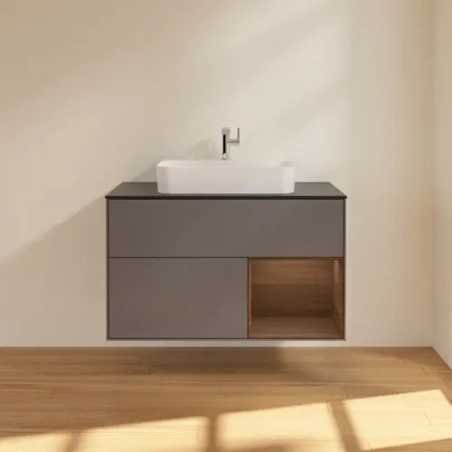 Picture of VILLEROY BOCH Finion Vanity unit, with lighting, 2 pull-out compartments, 1000 x 603 x 501 mm, Anthracite Matt Lacquer / Walnut Veneer / Glass Black Matt #F372GNGK