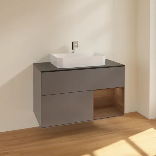 Picture of VILLEROY BOCH Finion Vanity unit, with lighting, 2 pull-out compartments, 1000 x 603 x 501 mm, Anthracite Matt Lacquer / Walnut Veneer / Glass Black Matt #F372GNGK