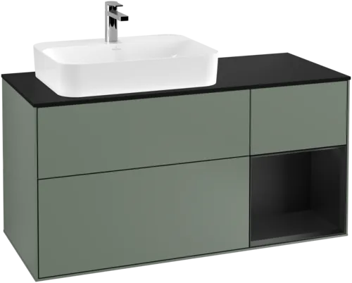 Bild von VILLEROY BOCH Finion Waschbeckenunterschrank, mit Beleuchtung, 3 Auszüge, 1200 x 603 x 501 mm, Olive Matt Lacquer / Black Matt Lacquer / Glass Black Matt #F402PDGM
