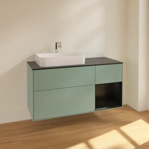 Bild von VILLEROY BOCH Finion Waschbeckenunterschrank, mit Beleuchtung, 3 Auszüge, 1200 x 603 x 501 mm, Olive Matt Lacquer / Black Matt Lacquer / Glass Black Matt #F402PDGM