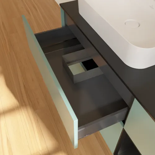 Bild von VILLEROY BOCH Finion Waschbeckenunterschrank, mit Beleuchtung, 3 Auszüge, 1200 x 603 x 501 mm, Olive Matt Lacquer / Black Matt Lacquer / Glass Black Matt #F402PDGM