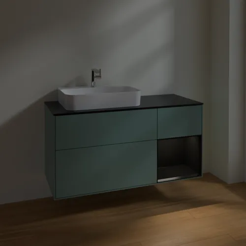 Bild von VILLEROY BOCH Finion Waschbeckenunterschrank, mit Beleuchtung, 3 Auszüge, 1200 x 603 x 501 mm, Olive Matt Lacquer / Black Matt Lacquer / Glass Black Matt #F402PDGM