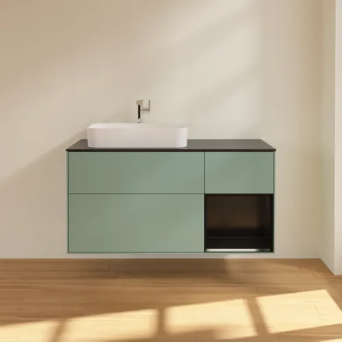 Bild von VILLEROY BOCH Finion Waschbeckenunterschrank, mit Beleuchtung, 3 Auszüge, 1200 x 603 x 501 mm, Olive Matt Lacquer / Black Matt Lacquer / Glass Black Matt #F402PDGM