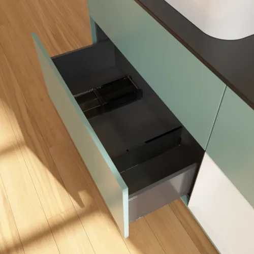 Bild von VILLEROY BOCH Finion Waschbeckenunterschrank, mit Beleuchtung, 3 Auszüge, 1200 x 603 x 501 mm, Olive Matt Lacquer / Glossy White Lacquer / Glass Black Matt #F402GFGM