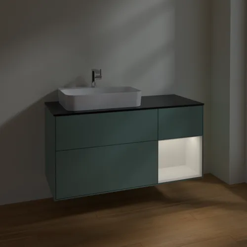 Bild von VILLEROY BOCH Finion Waschbeckenunterschrank, mit Beleuchtung, 3 Auszüge, 1200 x 603 x 501 mm, Olive Matt Lacquer / Glossy White Lacquer / Glass Black Matt #F402GFGM