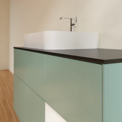 Bild von VILLEROY BOCH Finion Waschbeckenunterschrank, mit Beleuchtung, 3 Auszüge, 1200 x 603 x 501 mm, Olive Matt Lacquer / Glossy White Lacquer / Glass Black Matt #F402GFGM