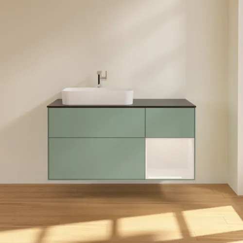 Bild von VILLEROY BOCH Finion Waschbeckenunterschrank, mit Beleuchtung, 3 Auszüge, 1200 x 603 x 501 mm, Olive Matt Lacquer / Glossy White Lacquer / Glass Black Matt #F402GFGM
