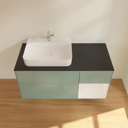 Bild von VILLEROY BOCH Finion Waschbeckenunterschrank, mit Beleuchtung, 3 Auszüge, 1200 x 603 x 501 mm, Olive Matt Lacquer / Glossy White Lacquer / Glass Black Matt #F402GFGM