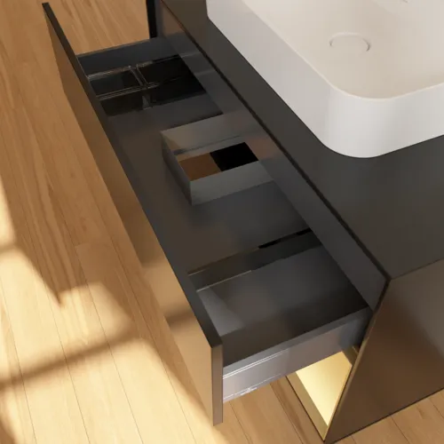 Obrázek VILLEROY BOCH Toaletní skříňka Finion, s osvětlením, 2 výsuvy, 1000 x 603 x 501 mm, černý matný lak / zlatý matný lak / černé matné sklo #F372HFPD