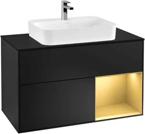 Bild von VILLEROY BOCH Finion Waschbeckenunterschrank, mit Beleuchtung, 2 Auszüge, 1000 x 603 x 501 mm, Black Matt Lacquer / Gold Matt Lacquer / Glass Black Matt #F372HFPD