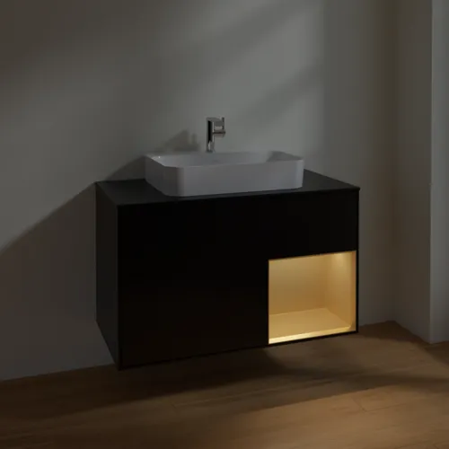 Obrázek VILLEROY BOCH Toaletní skříňka Finion, s osvětlením, 2 výsuvy, 1000 x 603 x 501 mm, černý matný lak / zlatý matný lak / černé matné sklo #F372HFPD
