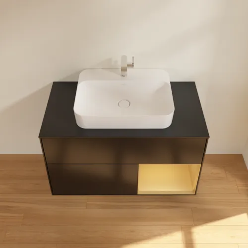 Obrázek VILLEROY BOCH Toaletní skříňka Finion, s osvětlením, 2 výsuvy, 1000 x 603 x 501 mm, černý matný lak / zlatý matný lak / černé matné sklo #F372HFPD