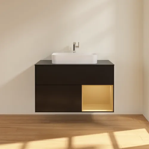 Obrázek VILLEROY BOCH Toaletní skříňka Finion, s osvětlením, 2 výsuvy, 1000 x 603 x 501 mm, černý matný lak / zlatý matný lak / černé matné sklo #F372HFPD