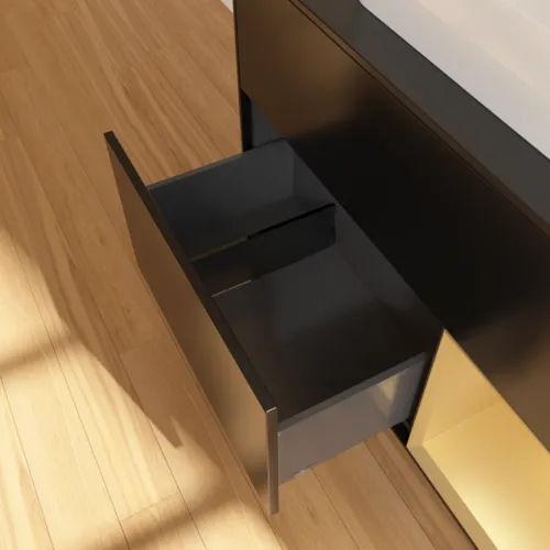 Obrázek VILLEROY BOCH Toaletní skříňka Finion, s osvětlením, 2 výsuvy, 1000 x 603 x 501 mm, černý matný lak / zlatý matný lak / černé matné sklo #F372HFPD