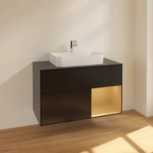 Obrázek VILLEROY BOCH Toaletní skříňka Finion, s osvětlením, 2 výsuvy, 1000 x 603 x 501 mm, černý matný lak / zlatý matný lak / černé matné sklo #F372HFPD