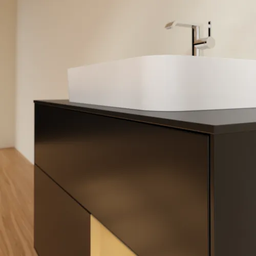 Obrázek VILLEROY BOCH Toaletní skříňka Finion, s osvětlením, 2 výsuvy, 1000 x 603 x 501 mm, černý matný lak / zlatý matný lak / černé matné sklo #F372HFPD