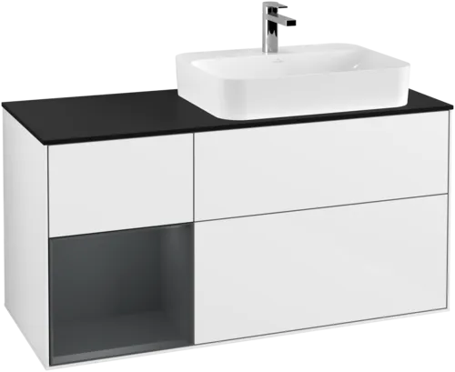 Obrázek VILLEROY BOCH Toaletní skříňka Finion, s osvětlením, 3 výsuvy, 1200 x 603 x 501 mm, lesklý bílý lak / půlnoční modrý matný lak / černé matné sklo #F392HGGF