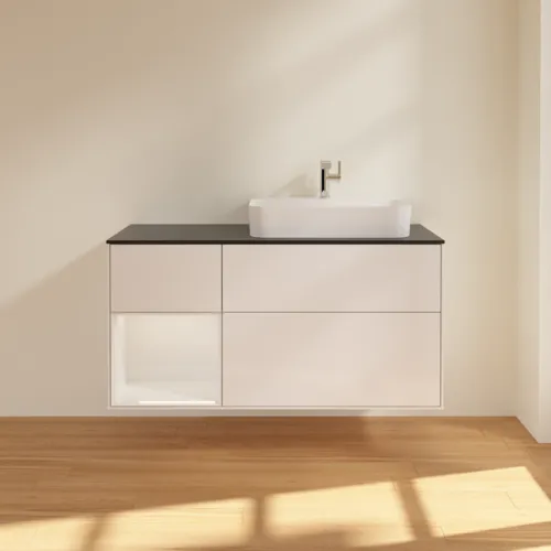 Bild von VILLEROY BOCH Finion Waschbeckenunterschrank, mit Beleuchtung, 3 Auszüge, 1200 x 603 x 501 mm, Glossy White Lacquer / Glossy White Lacquer / Glass Black Matt #F392GFGF