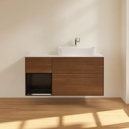 Obrázek VILLEROY BOCH Toaletní skříňka Finion, s osvětlením, 3 výsuvy, 1200 x 603 x 501 mm, ořechová dýha / černý matný lak / sklo bílé matné #F391PDGN