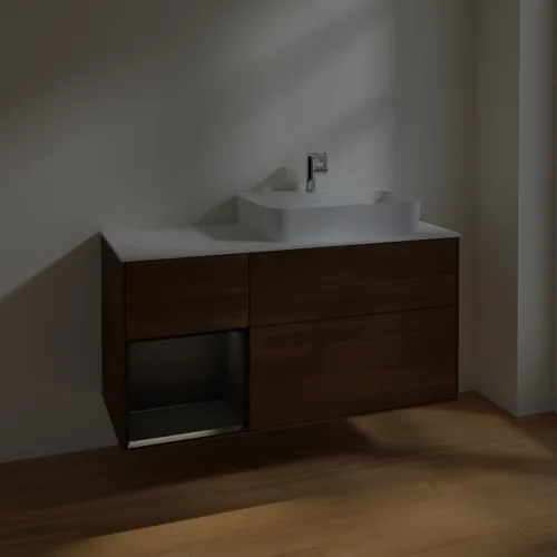 Obrázek VILLEROY BOCH Toaletní skříňka Finion, s osvětlením, 3 výsuvy, 1200 x 603 x 501 mm, ořechová dýha / černý matný lak / sklo bílé matné #F391PDGN