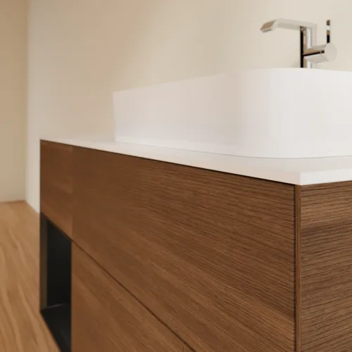 Obrázek VILLEROY BOCH Toaletní skříňka Finion, s osvětlením, 3 výsuvy, 1200 x 603 x 501 mm, ořechová dýha / černý matný lak / sklo bílé matné #F391PDGN