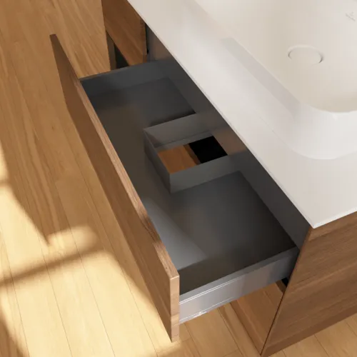 Obrázek VILLEROY BOCH Toaletní skříňka Finion, s osvětlením, 3 výsuvy, 1200 x 603 x 501 mm, ořechová dýha / černý matný lak / sklo bílé matné #F391PDGN
