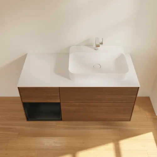 Obrázek VILLEROY BOCH Toaletní skříňka Finion, s osvětlením, 3 výsuvy, 1200 x 603 x 501 mm, ořechová dýha / černý matný lak / sklo bílé matné #F391PDGN