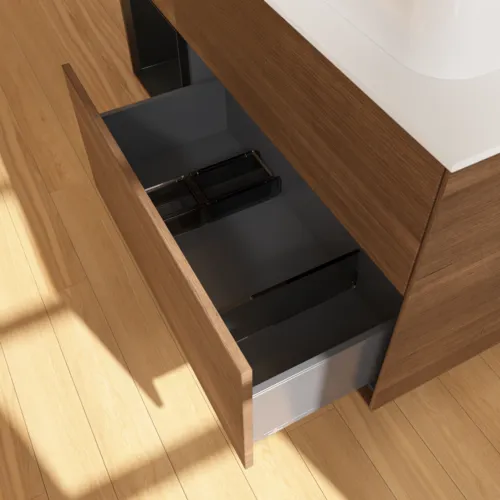 Obrázek VILLEROY BOCH Toaletní skříňka Finion, s osvětlením, 3 výsuvy, 1200 x 603 x 501 mm, ořechová dýha / černý matný lak / sklo bílé matné #F391PDGN
