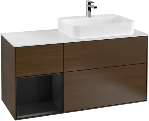 Bild von VILLEROY BOCH Finion Waschbeckenunterschrank, mit Beleuchtung, 3 Auszüge, 1200 x 603 x 501 mm, Walnut Veneer / Black Matt Lacquer / Glass White Matt #F391PDGN