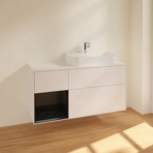 Bild von VILLEROY BOCH Finion Waschbeckenunterschrank, mit Beleuchtung, 3 Auszüge, 1200 x 603 x 501 mm, Glossy White Lacquer / Black Matt Lacquer / Glass White Matt #F391PDGF