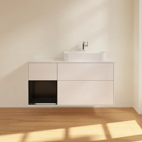 Bild von VILLEROY BOCH Finion Waschbeckenunterschrank, mit Beleuchtung, 3 Auszüge, 1200 x 603 x 501 mm, Glossy White Lacquer / Black Matt Lacquer / Glass White Matt #F391PDGF
