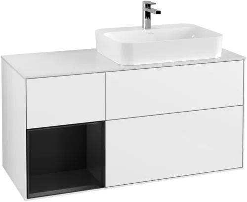Bild von VILLEROY BOCH Finion Waschbeckenunterschrank, mit Beleuchtung, 3 Auszüge, 1200 x 603 x 501 mm, Glossy White Lacquer / Black Matt Lacquer / Glass White Matt #F391PDGF