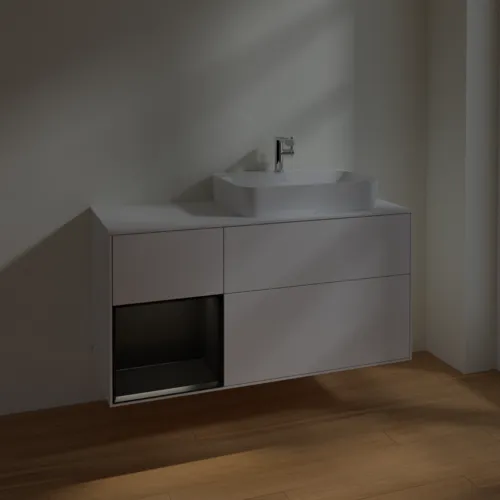 Bild von VILLEROY BOCH Finion Waschbeckenunterschrank, mit Beleuchtung, 3 Auszüge, 1200 x 603 x 501 mm, Glossy White Lacquer / Black Matt Lacquer / Glass White Matt #F391PDGF